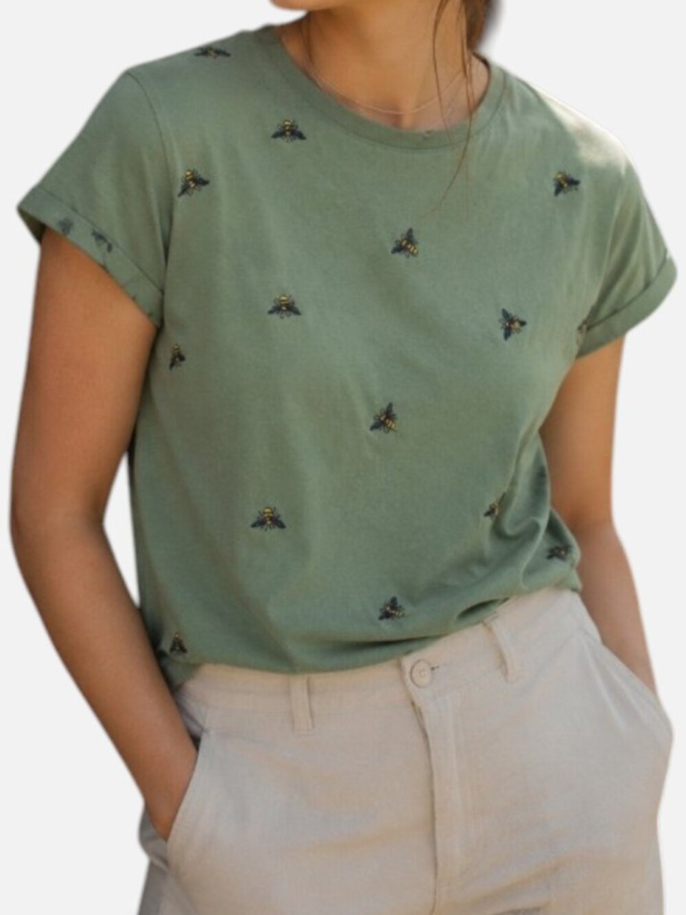Vintage America Embroidered Bee Cap Sleeve Cotton Tee Granola Girl Sage Size S